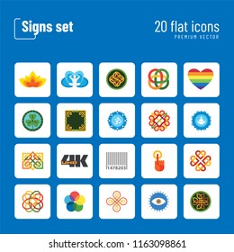 Signs icon set. Lotus blossom, rainbow heart, round target. Signs concept. Can be used for topics like meditation, culture, warning