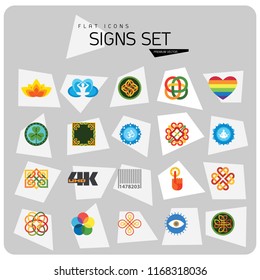 Signs icon set. Lotus blossom, rainbow heart, round target. Signs concept. Can be used for topics like meditation, culture, warning