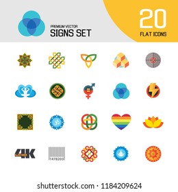 Signs icon set. Lotus blossom, rainbow heart, round target. Signs concept. Can be used for topics like meditation, culture, warning