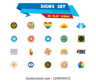 Signs icon set. Lotus blossom, rainbow heart, round target. Signs concept. Can be used for topics like meditation, culture, warning