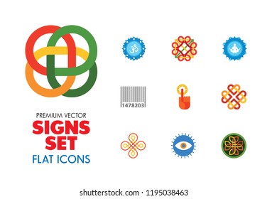 Signs icon set. Lotus blossom, rainbow heart, round target. Signs concept. Can be used for topics like meditation, culture, warning