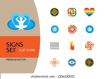 Signs icon set. Lotus blossom, rainbow heart, round target. Signs concept. Can be used for topics like meditation, culture, warning