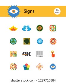 Signs icon set. Lotus blossom, rainbow heart, round target. Signs concept. Can be used for topics like meditation, culture, warning