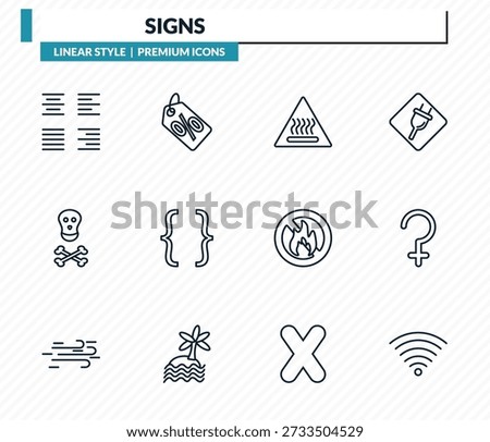 signs icons set - alignment, percentage discount, heat, ceres, wireless network outline vector collection.