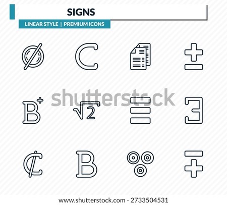 signs icons set - empty, is a sub of, document sheets, there exists, less plus outline vector collection.