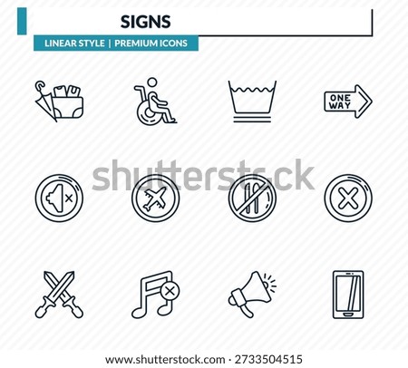 signs icons set - lost items, disability, washing, traffic, smarthphone outline vector collection.