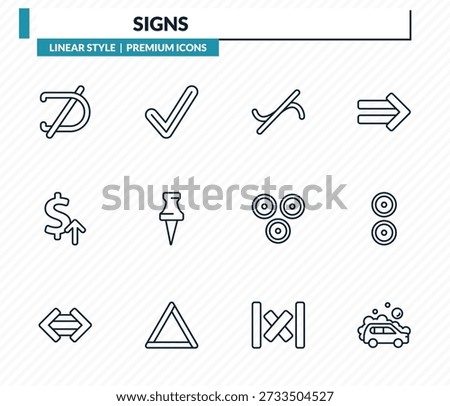 signs icons set - is not a sub, check point, not similar, reason, carwash outline vector collection.