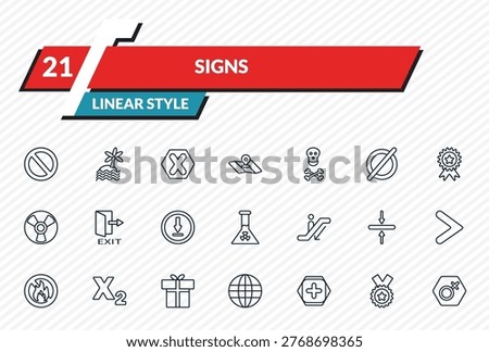 signs icons set - prohibition circle, beach, gross dark cross, class reward, female outline vector collection.