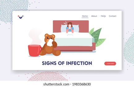 Signs of Infection Landing Page Template. Flu and Viral Sickness. Diseased Woman Sneezing with Wipe. Female Character Having Cold Symptom, Medicine and Illness, Sick Leave. Cartoon Vector Illustration