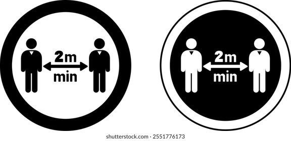 Os Sinais Mantêm A Distância. Ícones de vetor em preto e branco. Medidas de segurança, prevenção de doenças infecciosas. Proteção contra o coronavírus. Sinal De Aviso Sobre Distância Social Obrigatória. Conceito Médico