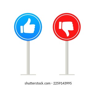 Signs with likes and dislikes. Votes of judges. Feedback I like it and I don't like it. Good and bad choice labels. Vote web buttons with with man hand. Social media. Vector illustration