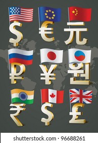 Signs of main world currencies.