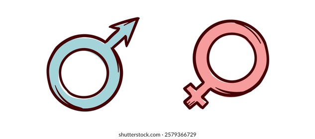 Signs male and female. Color hand-drawn illustration. Vector editable elements for design, postcard, banner