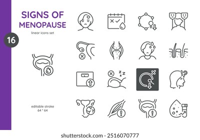 Signs of Menopause Icon Set. Illustrations Representing Symptoms Like Hot Flashes, Hormonal Imbalance, Irregular Periods, Mood Swings, Weight Gain, and More. Medical and Health-Related Symbols.