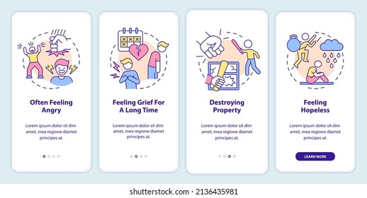 Signs of mental problems in teens onboarding mobile app screen. Walkthrough 4 steps graphic instructions pages with linear concepts. UI, UX, GUI template. Myriad Pro-Bold, Regular fonts used