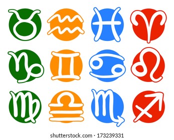 Signs of the modern zodiac illustration, on green, yellow, blue and red round shapes, isolated on white background