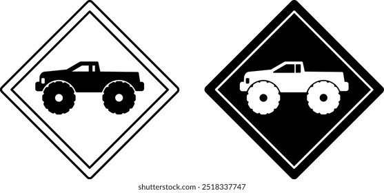 Signs Monster Truck Only. Warning Road Signs. Car, Vehicle. Black and White Vector Icons