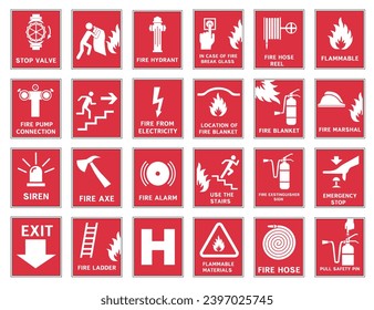 Signs of the necessary actions during a fire.  Fire warnings and actions. Vector illustration. EPS 10.