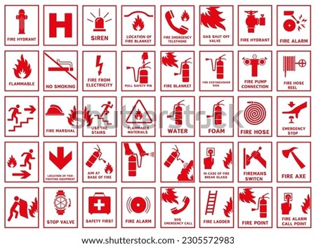 Signs of the necessary actions during a fire.  Fire warnings and actions. Vector illustration.