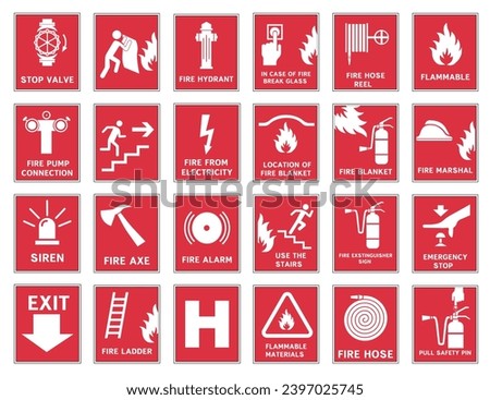 Signs of the necessary actions during a fire.  Fire warnings and actions. Vector illustration. EPS 10.