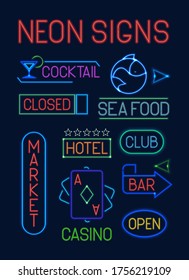 Signs neon set. Neon colorful electric pointers glowing letter club sea food blue casino deck cards green market bar cocktail red hotel orange advertising poster indicator. Vector cartoon soft glow.