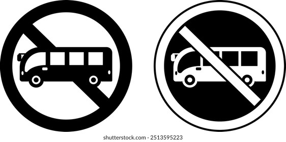 Signs No Entry for Bus. Warning Round Road Sign. Black and White Vector Icons