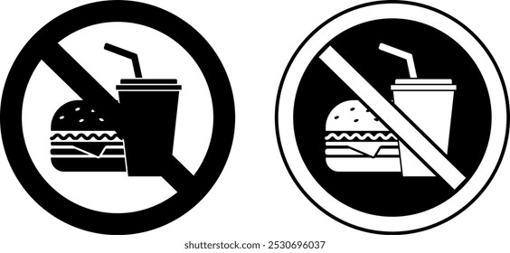 Signs No Food and Drinks Allowed. Black and White Vector Icons. Prohibitory Round Sign. Hamburger and Drink with Straw. Do Not Take Food Products. Fast Food Prohibited