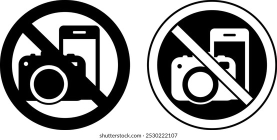 Signs No Photography. Black and White Vector Icons. Prohibitory Round Sign. Warning About Prohibition Of Using Mobile Phone And Camera