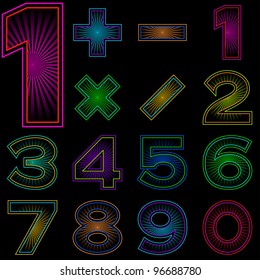 Signs of numbers and mathematical signs decorated with radial rays, isolated on black. Vector