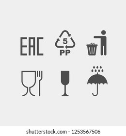 Signs on the package flat vector icons.  EAC, protect from moisture, throw in the trash, non-toxic material, gently fragile, recycling flat vector signs