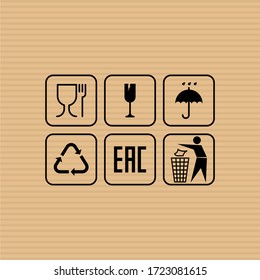 Signs on the package flat vector icons.  EAC, protect from moisture, throw in the trash, non-toxic material, gently fragile, recycling flat vector signs