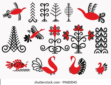 Signs Painting Depicting Mezen Flowers,trees,fish,birds.Russian Ancient Folk Art.