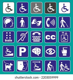 Signs for people with disabilities in blue color. Vector graphics.