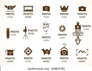 Signs for photo studio. Various symbols of photographic industry with creative touch.