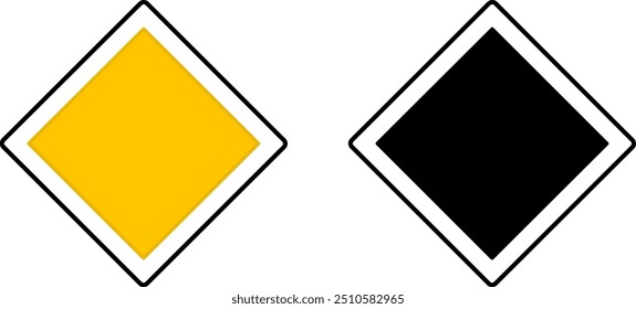 Señales de Priority Road. Señales de tráfico. Diamante amarillo. Iconos blancos y negros del vector