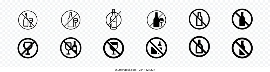 Signs prohibit bringing or drinking alcohol, No alcohol vector icon. Set of no alcohol vector signs. Do not drink alcohol in this area.