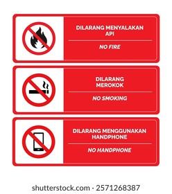 Signs prohibit lighting fires, cigarettes and using cellphones vector