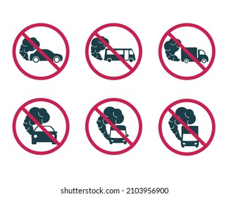 Signs Prohibiting Hazardous Exhaust Fumes. Car Icon With Exhaust Gases. Exhaust Gases From Buses. Environmental Pollution. Smog. Parking Prohibition Sign When The Engine Is Running.