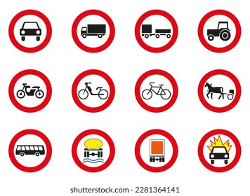 Signs prohibiting the passage of various types of wheeled vehicles. Vector graphics.