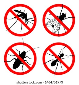 Signs prohibition insects. Set icons no: mosquitoes, flies, cockroaches, ants. Warning symbols isolated on white background. Vector illustration