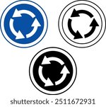 Signs Roundabout Ahead. Blue Round Road Signs. Roundabout Traffic Turn Left. Black and White Vector Icons