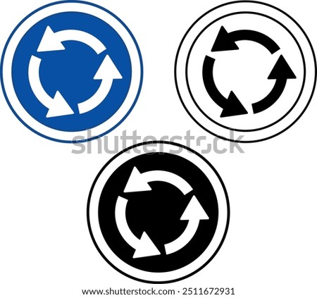 Signs Roundabout Ahead. Blue Round Road Signs. Roundabout Traffic Turn Left. Black and White Vector Icons