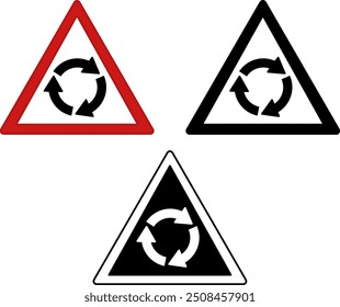 Signs Roundabout Ahead. Warning Road Signs. Red, Black, and White Vector Icons