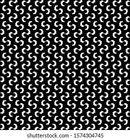 Signs or shapes similar to the letter S, in white, with a pinched outline, sprinkled on a black background. Pattern for some textile fabrics.