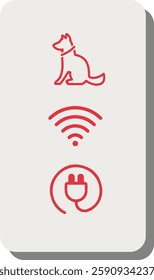 Signs show that dogs are allowed, there is Wi-Fi, and there is an electrical outlet.