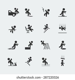 Signs showing a stick figure man and various forms of trips, slips, and falls