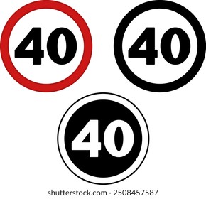 Signs Speed ​​Limit 40. Warning Road Signs. Red, Black, and White Vector Icons