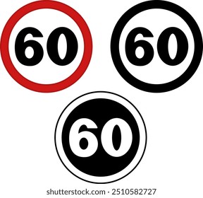 Signs Speed ​​Limit 60. Prohibitory Road Signs. Red, Black, and White Vector Icons