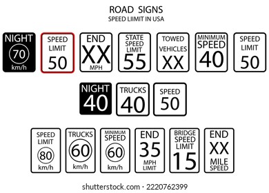 Signs speed limit usa in american style. Sign forbidden. Vector illustration. Stock picture. 