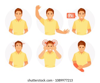 Signs of stroke dizziness, speech disorder, numbness, headache, coordination disorder Vector illustration